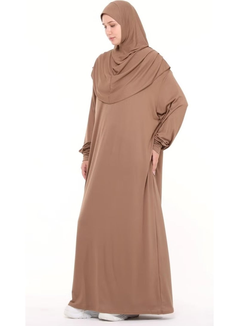 Altobeh Practical One Piece Cotton Bat Sleeves Removable Organic Hijab Prayer Dress with Headscarf - Milk Coffee - Image 3